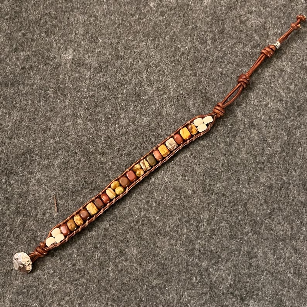 Leather Wrap Bracelet - Red Creek Jasper, Serpentine Jade, Silver Artisan Button